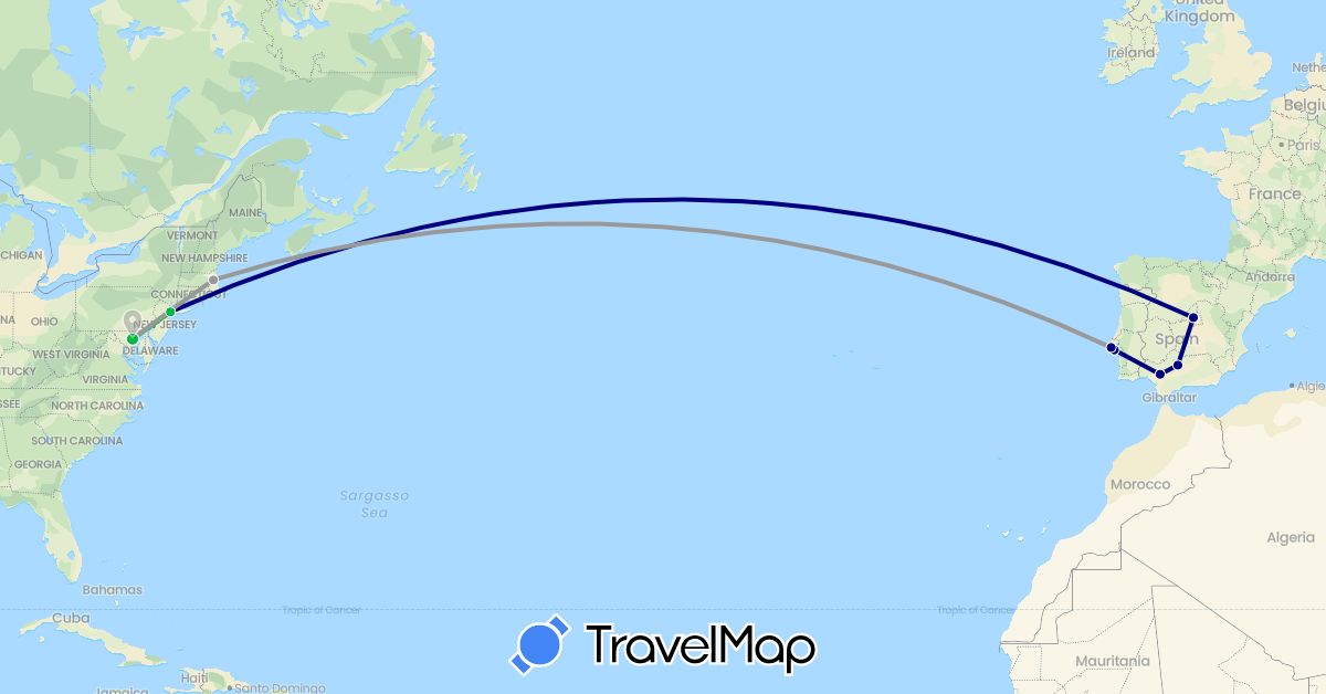 TravelMap itinerary: driving, bus, plane in Spain, Portugal, United States (Europe, North America)